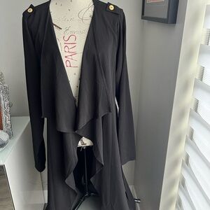 Liliana Black Belted Cardigan/Coat with Gold Button Accents.